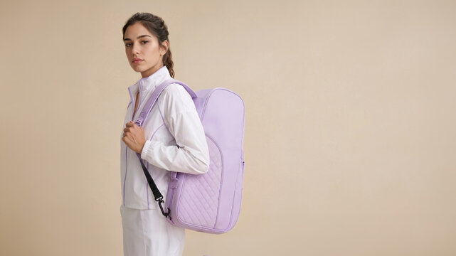 Tennis player in a white tracksuit carries a lavender tennis bag over her shoulder against a clean beige backdrop with ample copy space.