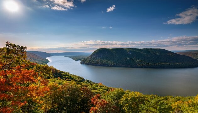 elevated view of the mount beacon and breakneck ridge hudson river new york state usa