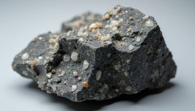 Diorite rock specimen, dark grey igneous stone with visible white feldspar and black hornblende crystals. Natural geological sample shows detailed salt and pepper texture, rough surface.