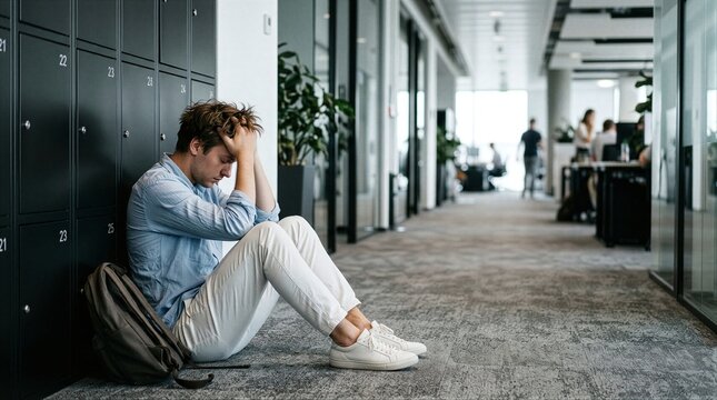 A man sitting on the ground with his head in his hands.