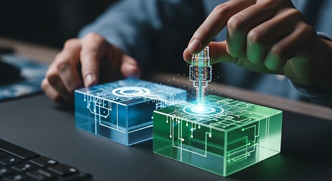 API and system integration. A developer's hands connect two 'software modules' (blocks) with a holographic 'plug', symbolizing API integration.