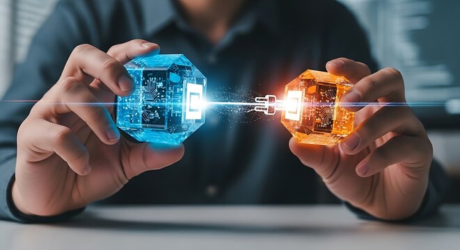 API and system integration. A developer's hands connect two 'software modules' (blocks) with a holographic 'plug', symbolizing API integration.