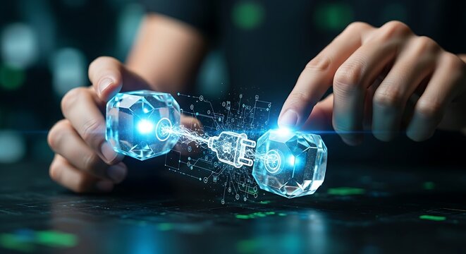 API and system integration. A developer's hands connect two 'software modules' (blocks) with a holographic 'plug', symbolizing API integration.
