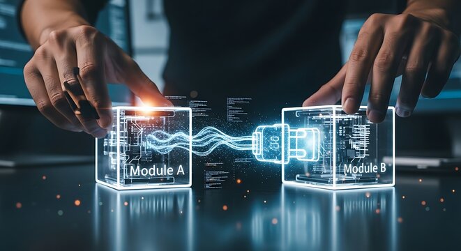 API and system integration. A developer's hands connect two 'software modules' (blocks) with a holographic 'plug', symbolizing API integration.