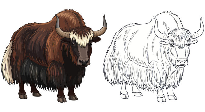 Illustration of a hairy yak and its outline drawing, isolated on white background