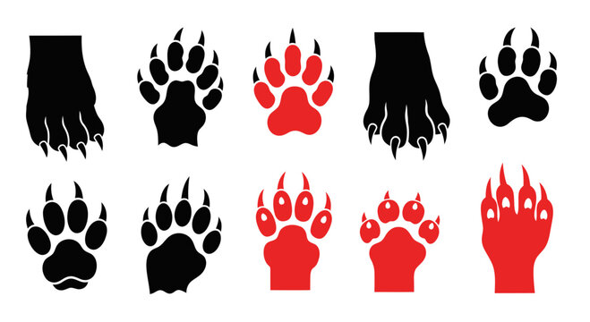 Animal Paw Prints Collection: Black and Red Claws, Footprints Vector Set