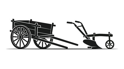 Vintage farm cart with plow, agricultural equipment, monochrome illustration © konco