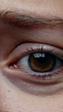 Vertical video: Framing human eye showing amber iris near window, camera capturing micro-movements