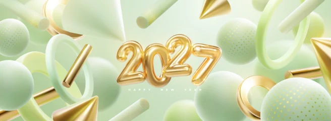 Happy New 2027 Year. Holiday vector illustration of golden numbers 2027, abstract green and golden geometric 3d shapes. Festive poster or banner design. New year or Christmas party invitation template © maximmmmum