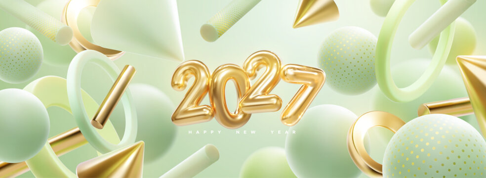 Happy New 2027 Year. Holiday vector illustration of golden numbers 2027, abstract green and golden geometric 3d shapes. Festive poster or banner design. New year or Christmas party invitation template