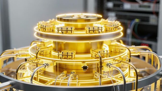 Futuristic quantum computer glowing with golden circuits and cables in a modern high tech laboratory