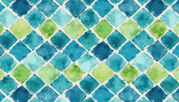 Abstract mosaic pattern of blue green teal diamonds with textured painterly effect. Geometric tile design in various shades for modern backdrop or surface.