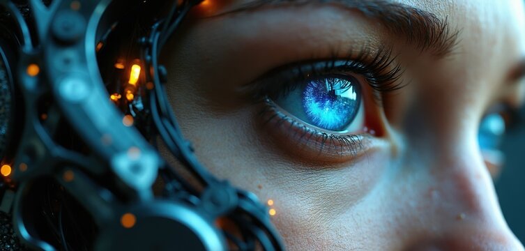 Close up on cyborg eye, blue iris glows with digital data. Mechanical parts frame human face, advanced tech integration. Futuristic human interface, artificial vision system. Cybernetic enhancement,
