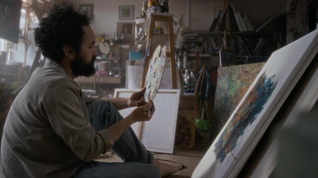 Angry painter working on abstract canvas, then throwing his palette and brush in rage caused by professional burnout, standing up and quitting his workplace in studio