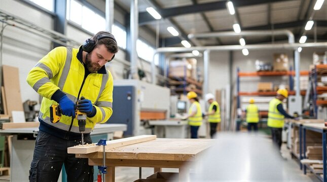 A man in a yellow safety jacket working on a piece of wood.