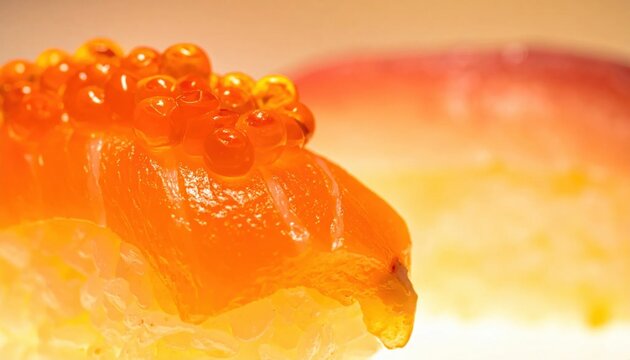 Macro closeup of fresh salmon nigiri sushi with glossy orange fish roe topping, traditional Japanese gourmet seafood delicacy