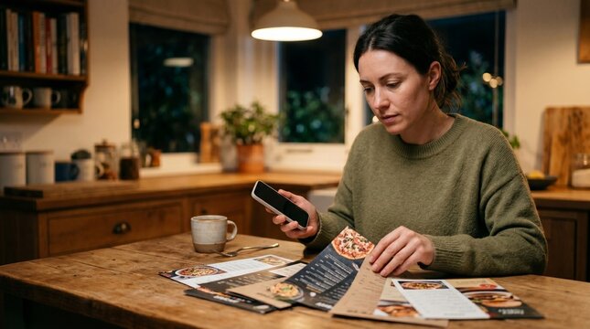 Woman using smartphone to scan QR code on pizza menu at kitchen table
