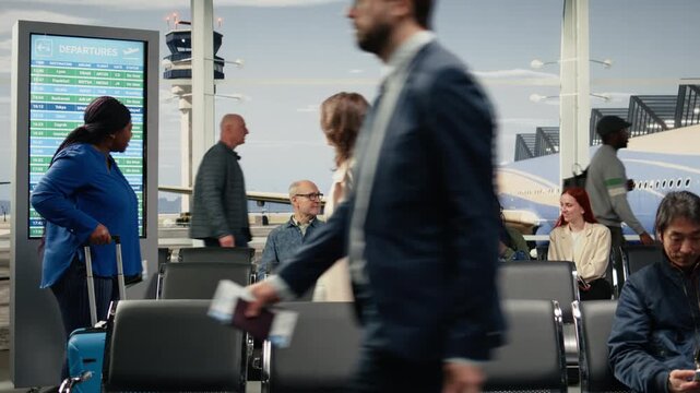 Commuting, delayed flight and upset women in airport transport hub overlooked by runway control tower. Rushing to plane through chairs, late and tourists in flight departure terminal, camera A