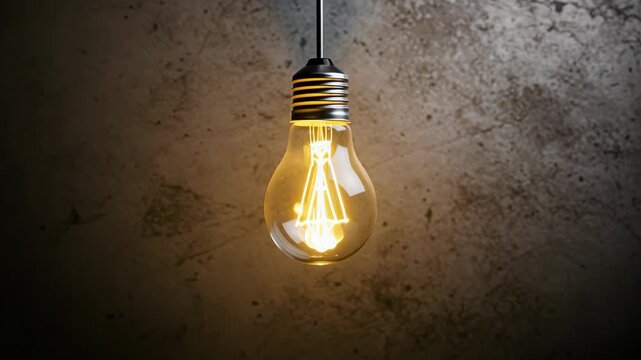 Single glowing light bulb with detailed filament in a dim industrial room atmosphere