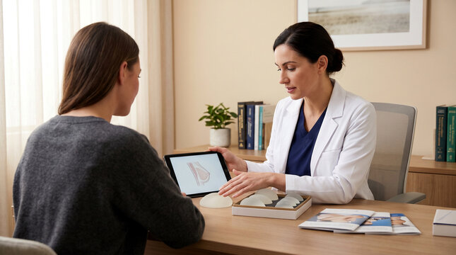 Female plastic surgeon showing breast implants and anatomy on digital tablet to patient in clinic. Professional consultation for breast augmentation, cosmetic surgery planning and aesthetic medicine.