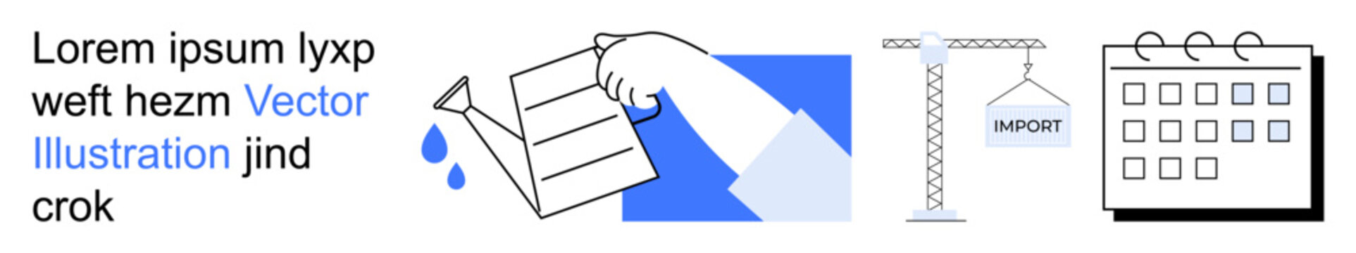 Business workflows, document processing, import management, logistics planning, scheduling, and trade operations. Hand holding a document, construction crane and calendar icon. Document processing