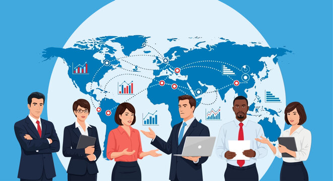Business people, global team, world map, data analysis, vector illustration