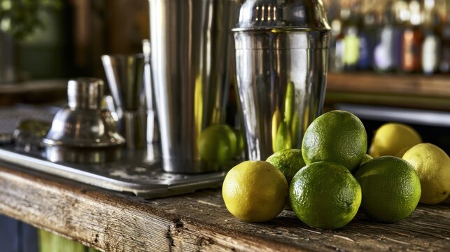 Dark bar ambiance with fresh citrus elements. Mixology scene featuring stainless steel tools and vibrant limes. Juicy lime slices and shaker set mood in stylish bar environment with metallic tools