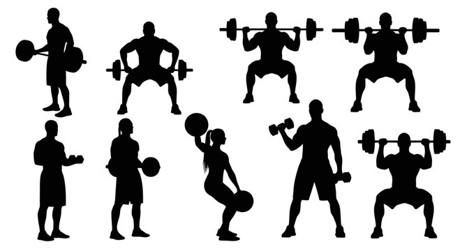 Fitness Silhouette Collection: Weightlifting, Squats, Dumbbells, and Kettlebells