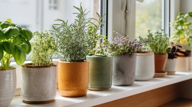 Sunny windowsill lined with potted herbs including basil mint and rosemary, terracotta and ceramic pots bathed in morning light, kitchen gardening scene promoting fresh cooking and plant care