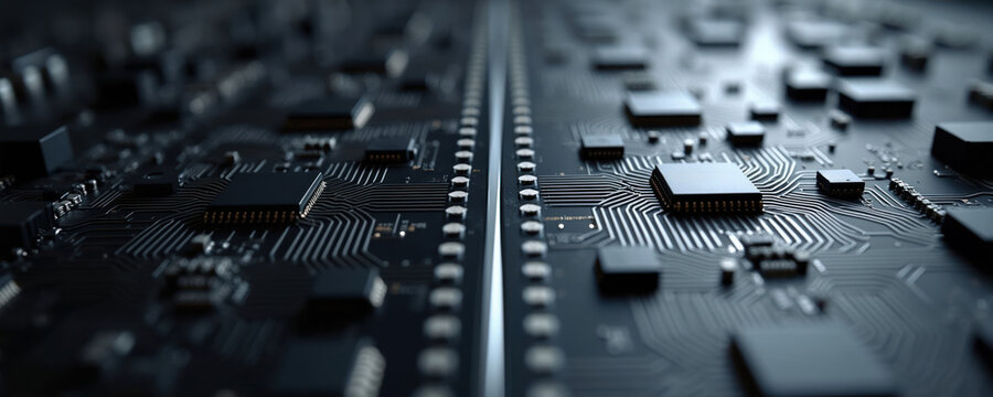 Close-up abstract view of complex computer circuit board with integrated chips, intricate pathways. Dark, detailed background suggests advanced technology, digital processing power for future