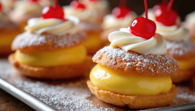 Italian pastry zeppole filled with sweet cream and topped with red cherry. Traditional dessert dusted with sugar powder on baking tray. Delicious sweet baked treat.