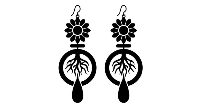 Black floral earrings, dangle drop jewelry, flower root silhouette, minimalist accessories