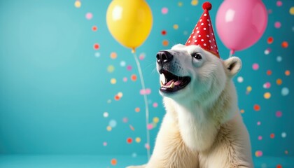 Naklejka premium Polar bear wears party hat, enjoys balloons and confetti. Cute animal celebrates birthday. Winter wildlife mammal looks happy, cheerful, playful during festive event.