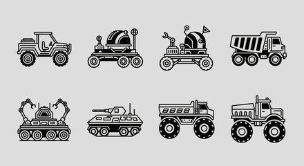 Vehicles including tractor, mortar, dozer, dump truck, excavator, tank, and loader on display © uzumaki