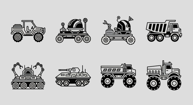 Vehicles including tractor, mortar, dozer, dump truck, excavator, tank, and loader on display