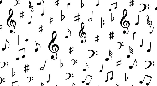 Musical Notes Seamless Pattern Background - Treble Clefs, Sharps, Flats, Rhythms