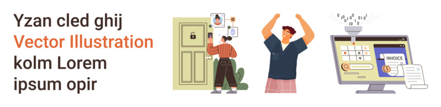 Cybersecurity, identity verification, online fraud, data protection, authentication, safe browsing. Person unlocking door, another raising arms computer with security warning. Cybersecurity