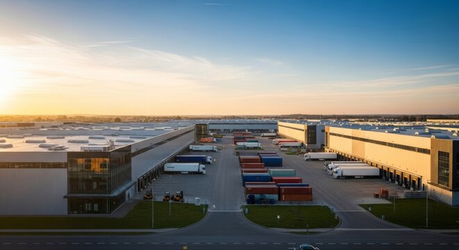 An oblique aerial view of a modern industrial park with a structured layout of large warehouses and shipping docks under warm sunset light, architecture, estate, geometric