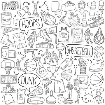 Creative Hand Drawn Basketball Doodles Collection For Sport Activity Vector Icons.