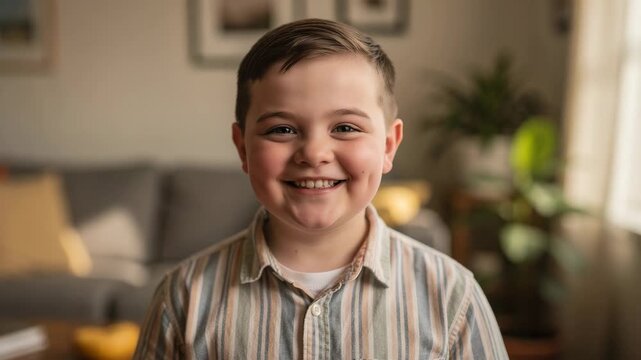 Joyful smiling boy with dimples and short hair in cozy softly lit living room