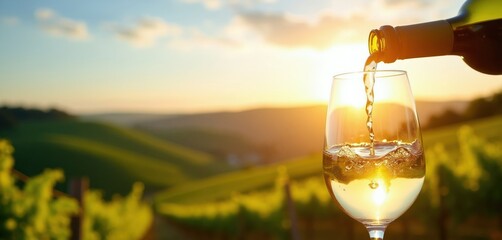 Obraz premium White wine pours into glass at vineyard during sunset. Golden sun shines over rolling green hills and grape vines. Peaceful rural landscape invites relaxation.