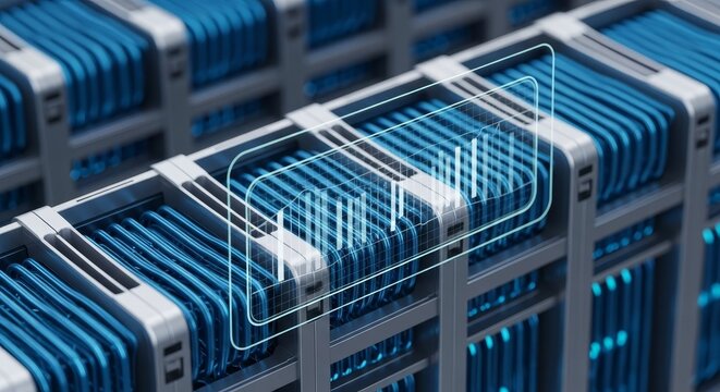 Abstract digital data stream flowing through technological network connections with futuristic blue illumination