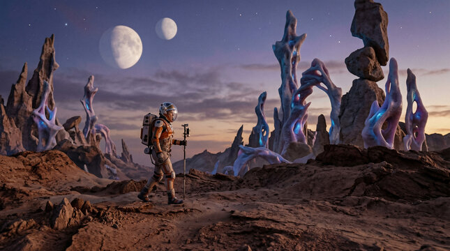 Astronaut Exploring Alien Landscape: A lone astronaut ventures across a surreal, alien terrain dotted with bizarre rock formations and two moons hanging in the twilight sky.