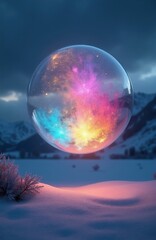 Fototapeta premium Colorful nebula explodes inside transparent bubble sphere floating above snowy winter landscape. Cosmic dust clouds glow with vibrant light against dark sky backdrop. Abstract fantasy concept.