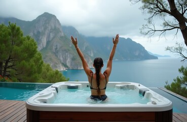 Obraz premium Woman in black bikini enjoys hot tub spa with mountain sea view. She raises arms up in joy, celebrating vacation. Relaxing bliss at luxury resort.