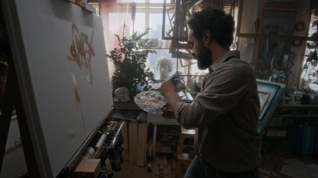 Inspired male artist applying expressive brushstrokes to abstract canvas and squeezing oil paint onto palette while working on new painting in cluttered authentic studio