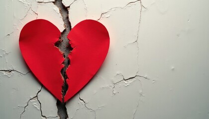 Naklejka premium Broken red heart symbol on cracked white wall background. Symbol of lost love grief pain and relationship breakup. Sadness loneliness sorrow despair.