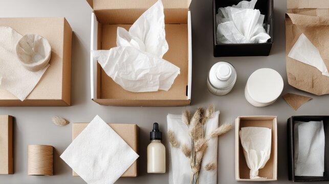 Open boxes, tissue packs, kraft packaging arranged in neutral flatlay for sustainable product launch, designer placing labels and mockups, recycled materials, giftready presentation, compostable
