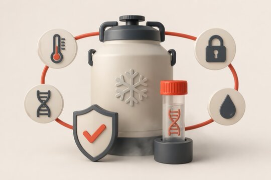 Cryogenic storage tank with sample preservation and security icons on minimal background
