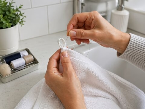 Repairing torn towel loop by hand with needle and thread at home